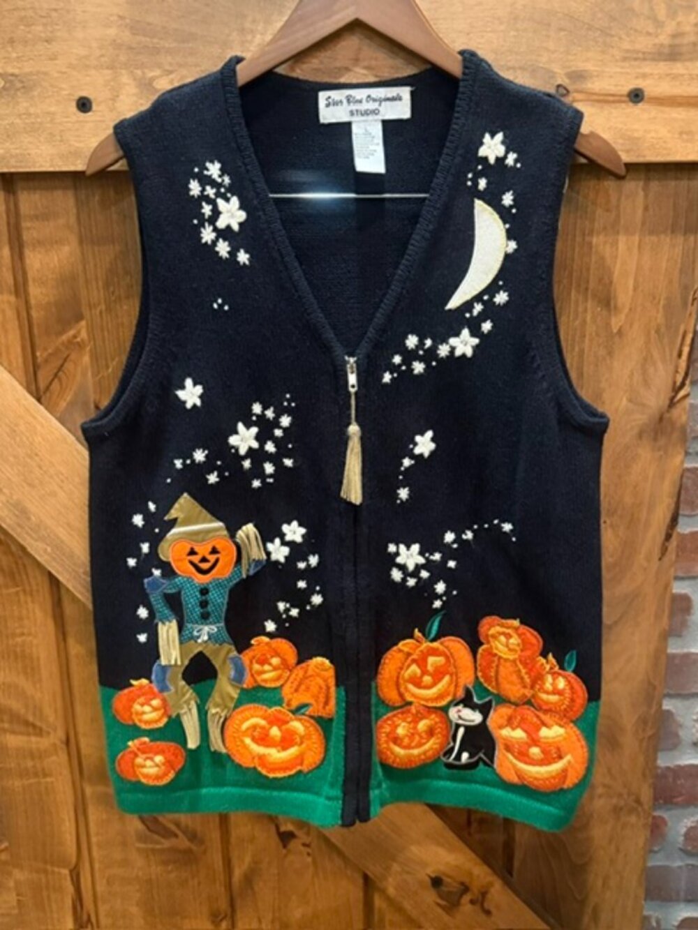 Star Blue Originals Halloween Sweater Vest Large Pumpkin Cat Scarecrow Zip Front